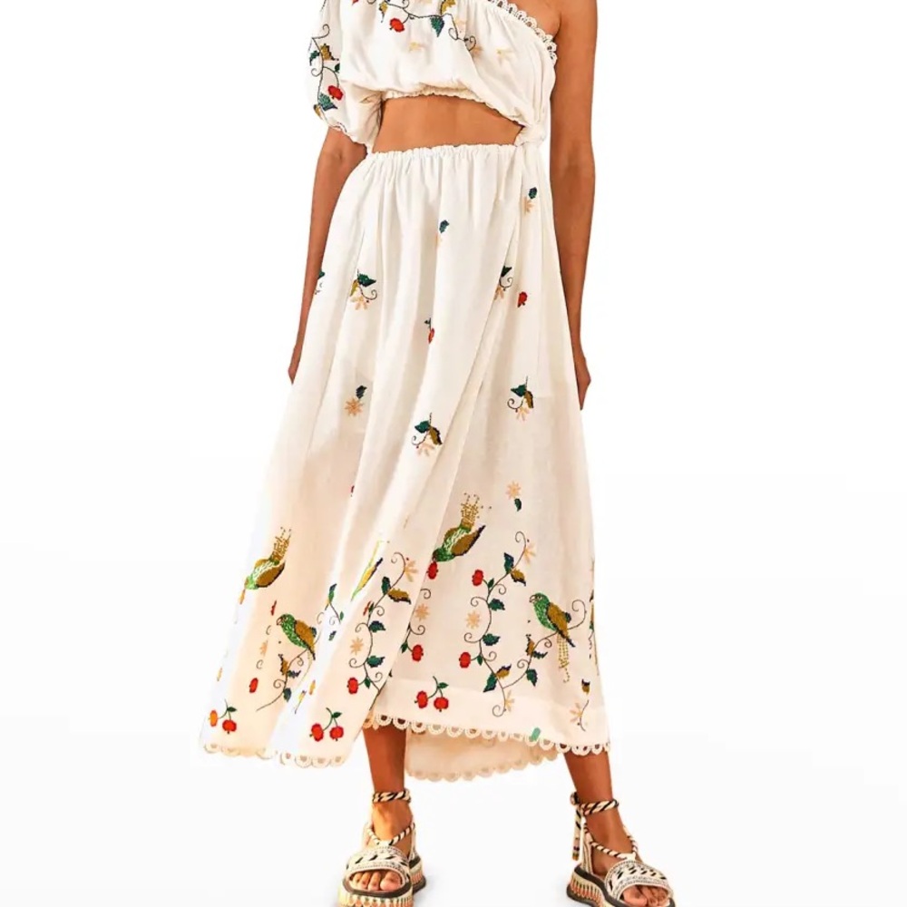 Farm Rio Embroidered One-Shoulder White Dress